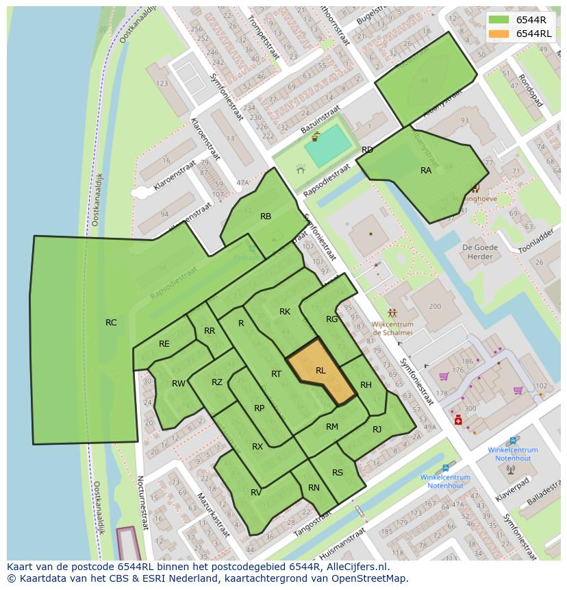 Afbeelding van het postcodegebied 6544 RL op de kaart.