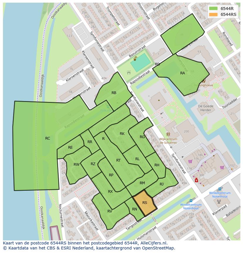 Afbeelding van het postcodegebied 6544 RS op de kaart.