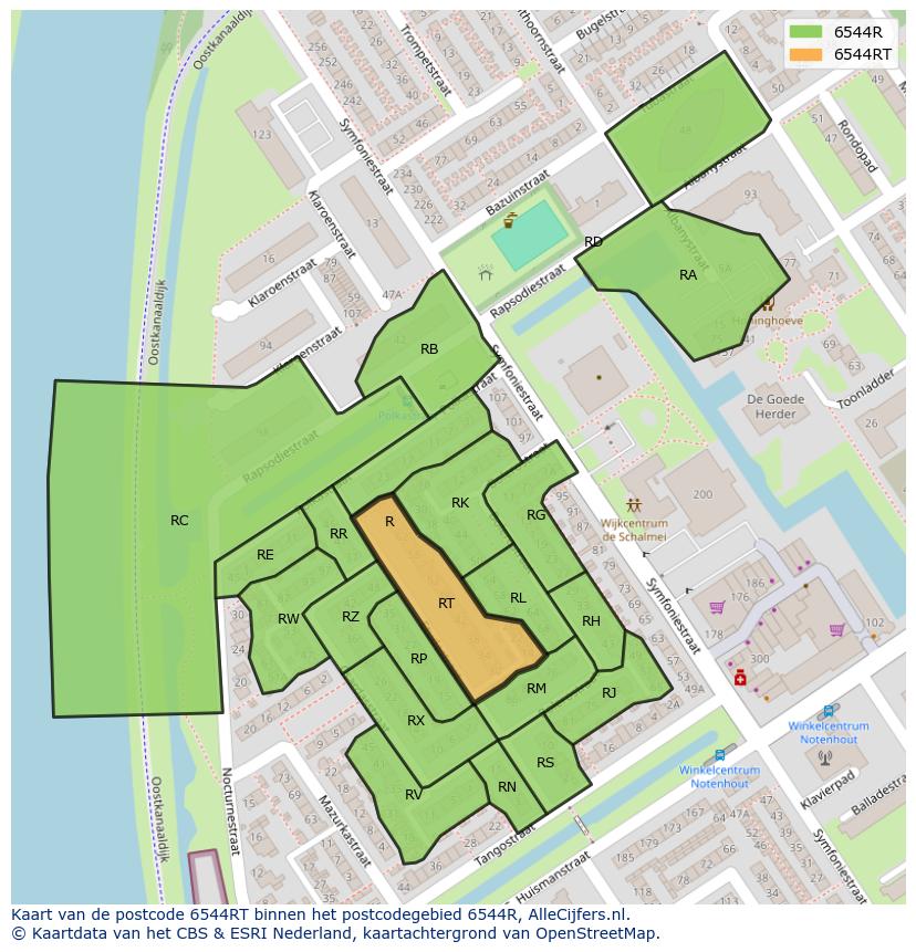 Afbeelding van het postcodegebied 6544 RT op de kaart.