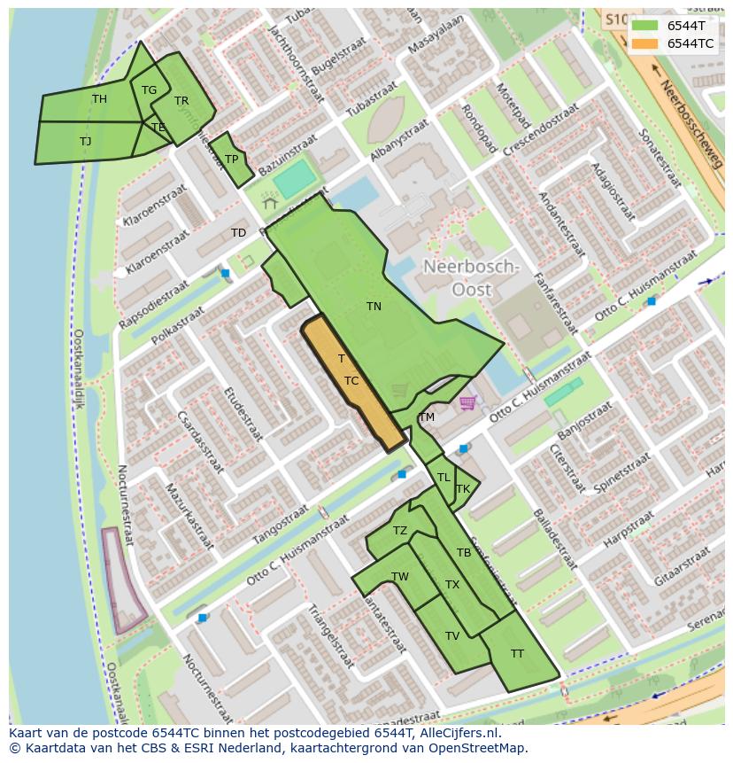 Afbeelding van het postcodegebied 6544 TC op de kaart.