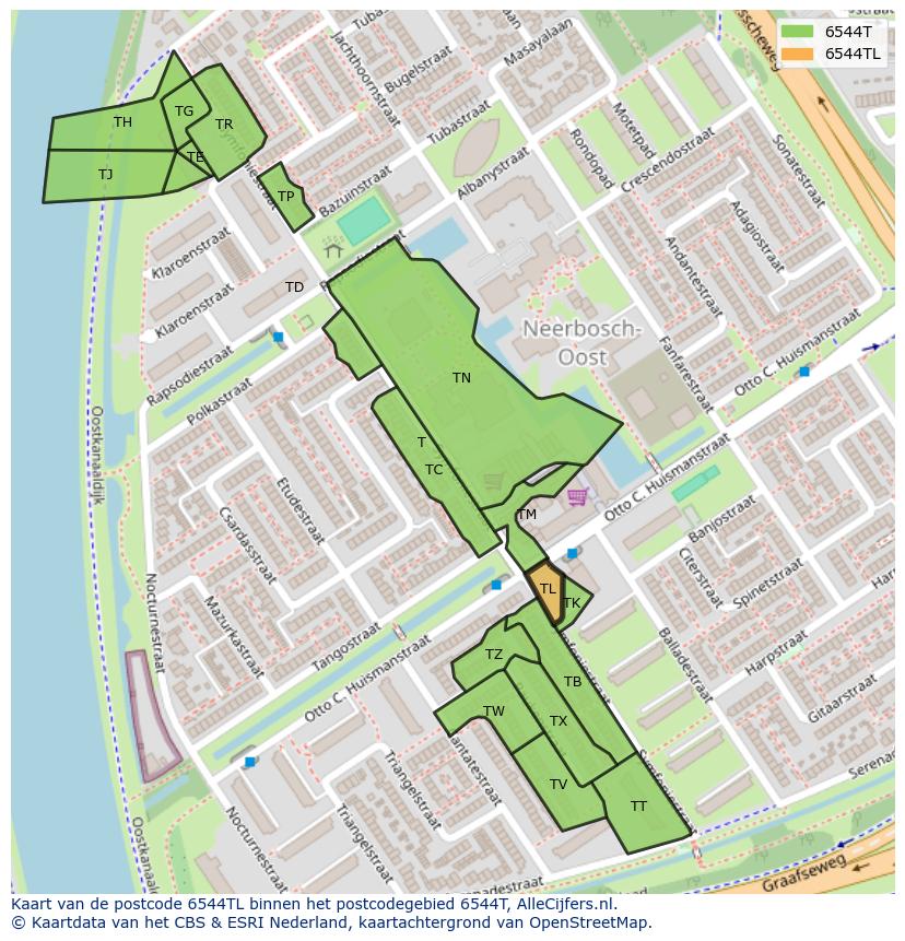 Afbeelding van het postcodegebied 6544 TL op de kaart.