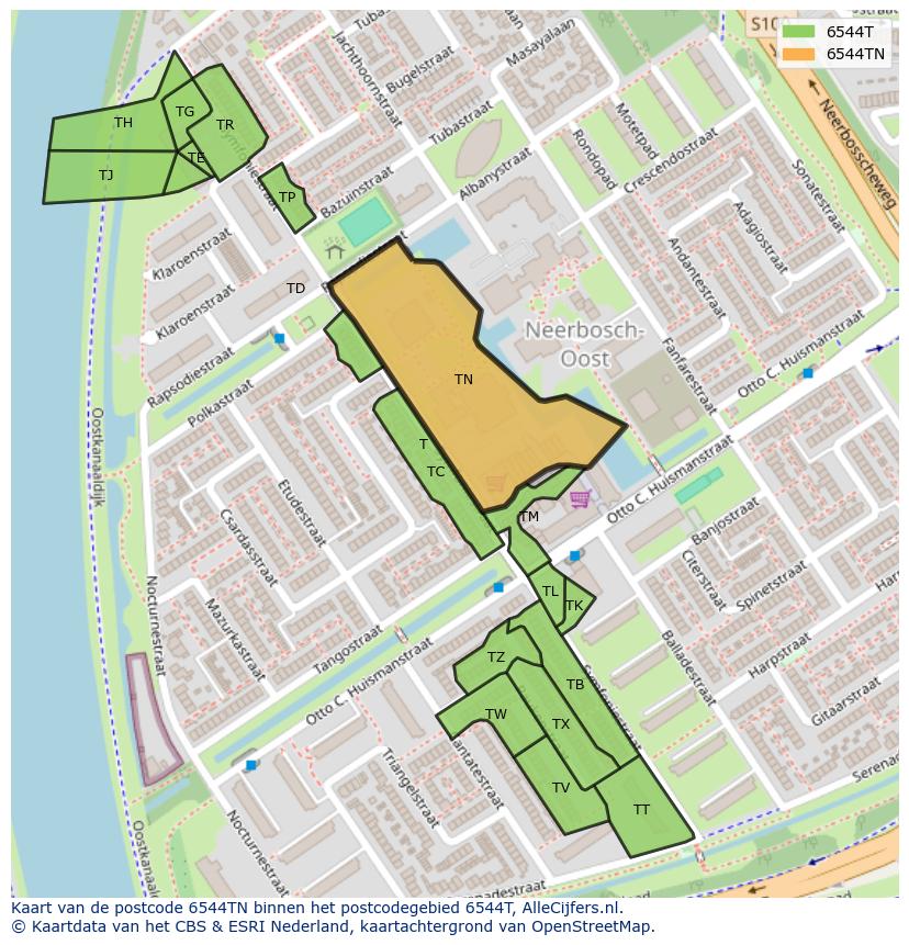 Afbeelding van het postcodegebied 6544 TN op de kaart.