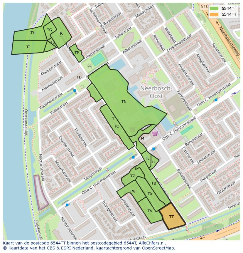 Afbeelding van het postcodegebied 6544 TT op de kaart.