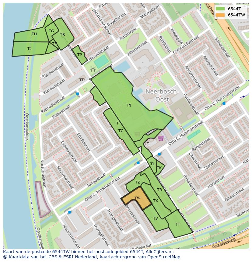 Afbeelding van het postcodegebied 6544 TW op de kaart.