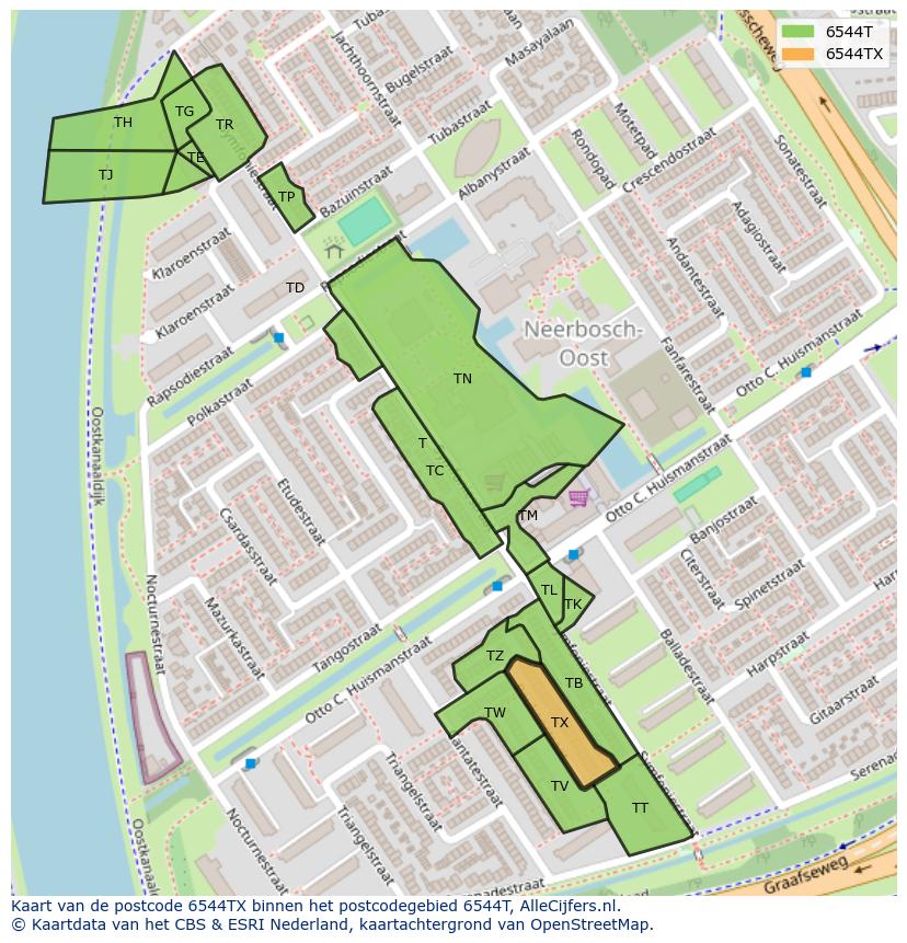 Afbeelding van het postcodegebied 6544 TX op de kaart.