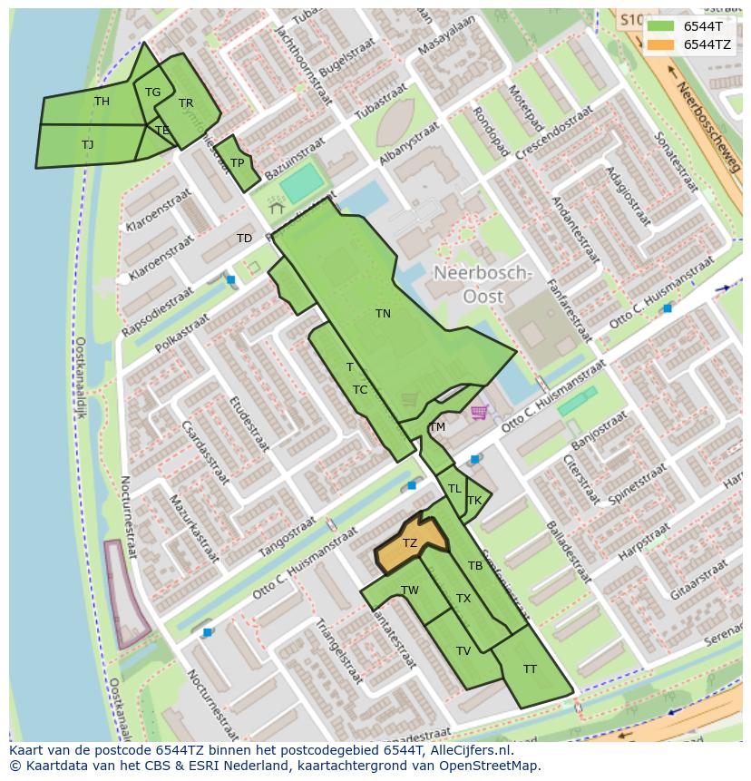 Afbeelding van het postcodegebied 6544 TZ op de kaart.