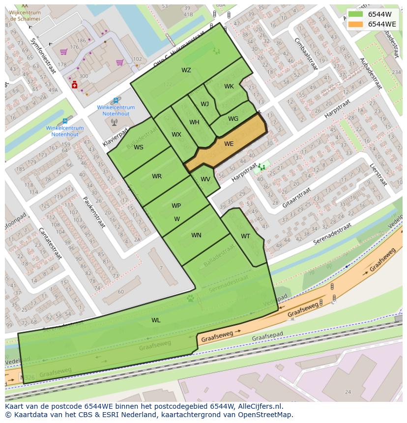 Afbeelding van het postcodegebied 6544 WE op de kaart.