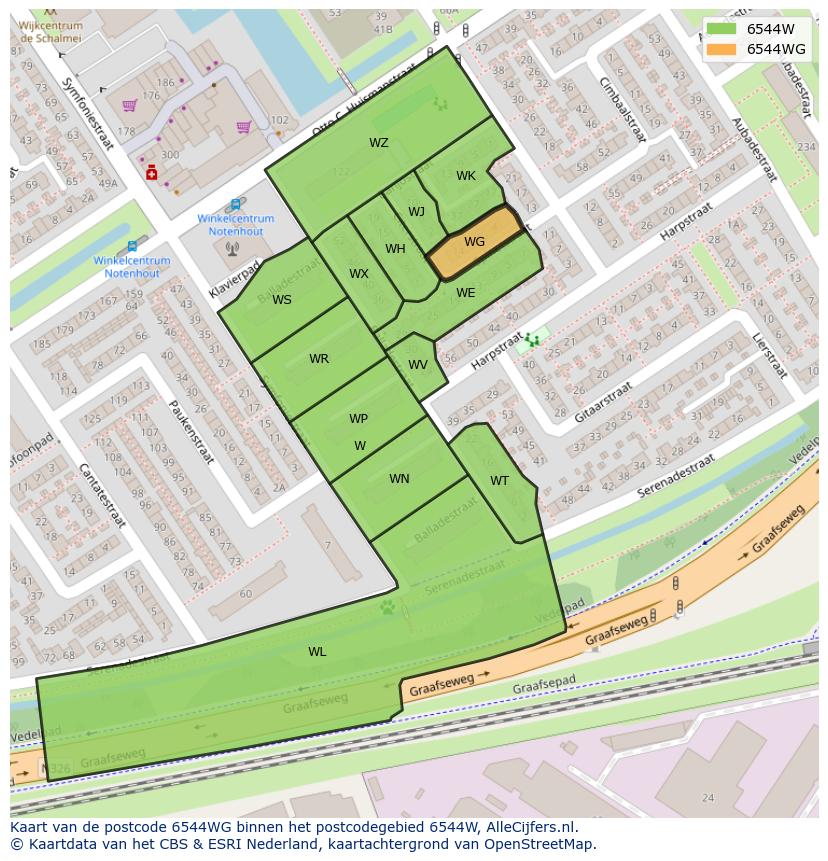 Afbeelding van het postcodegebied 6544 WG op de kaart.
