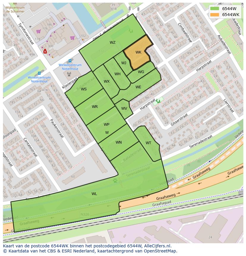 Afbeelding van het postcodegebied 6544 WK op de kaart.