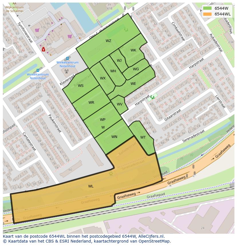 Afbeelding van het postcodegebied 6544 WL op de kaart.