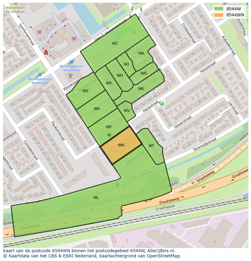 Afbeelding van het postcodegebied 6544 WN op de kaart.