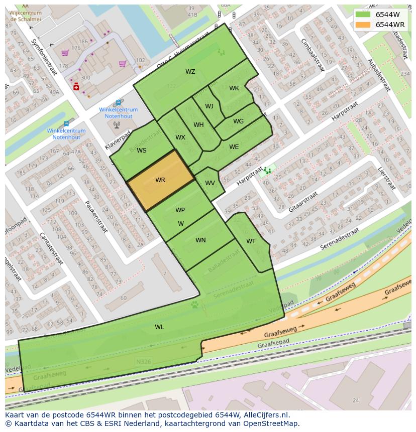 Afbeelding van het postcodegebied 6544 WR op de kaart.