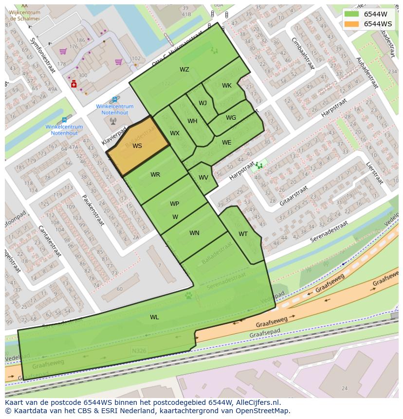 Afbeelding van het postcodegebied 6544 WS op de kaart.