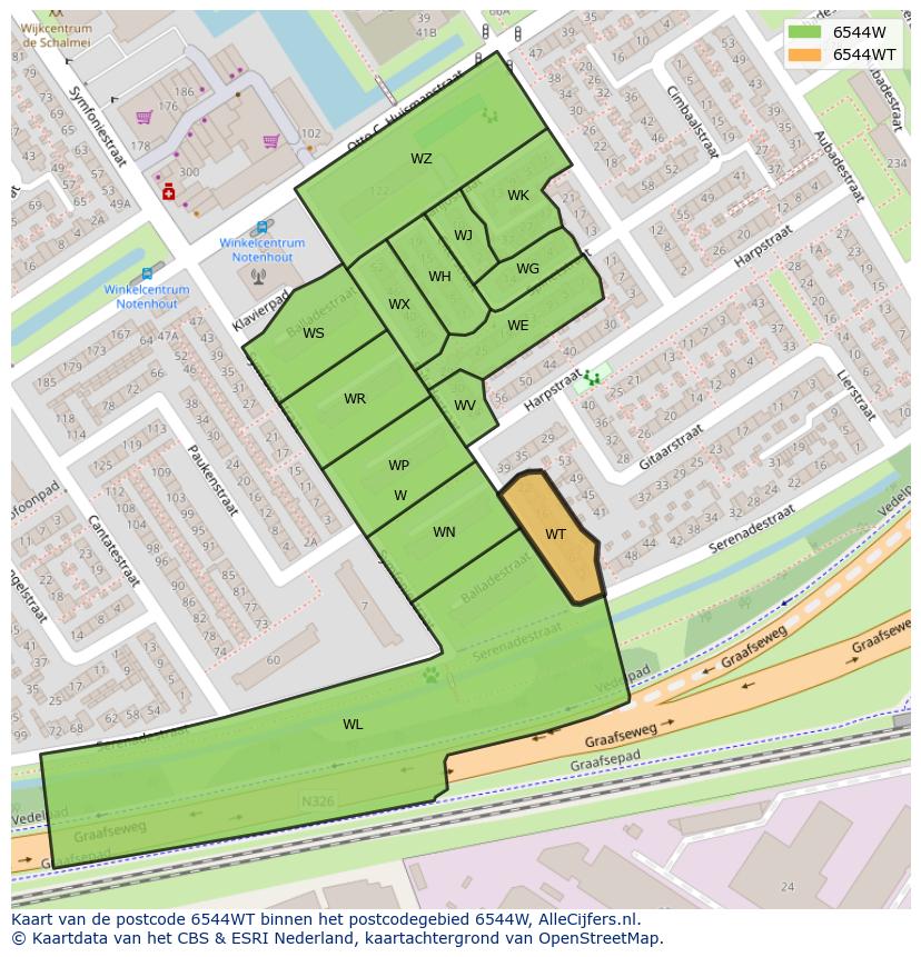 Afbeelding van het postcodegebied 6544 WT op de kaart.