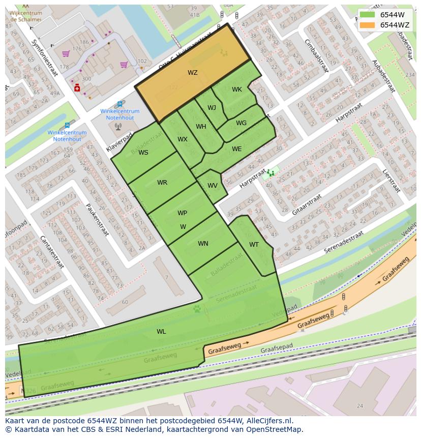 Afbeelding van het postcodegebied 6544 WZ op de kaart.