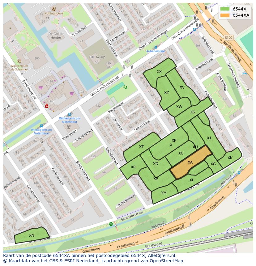 Afbeelding van het postcodegebied 6544 XA op de kaart.