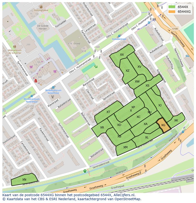 Afbeelding van het postcodegebied 6544 XG op de kaart.