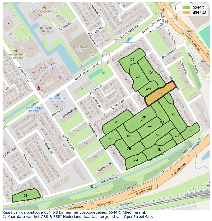 Afbeelding van het postcodegebied 6544 XS op de kaart.