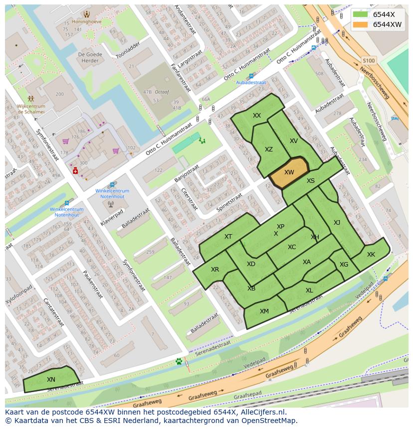 Afbeelding van het postcodegebied 6544 XW op de kaart.