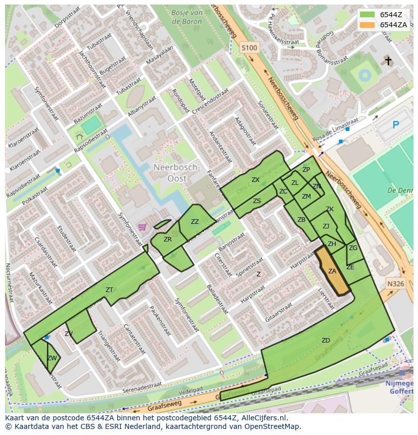 Afbeelding van het postcodegebied 6544 ZA op de kaart.