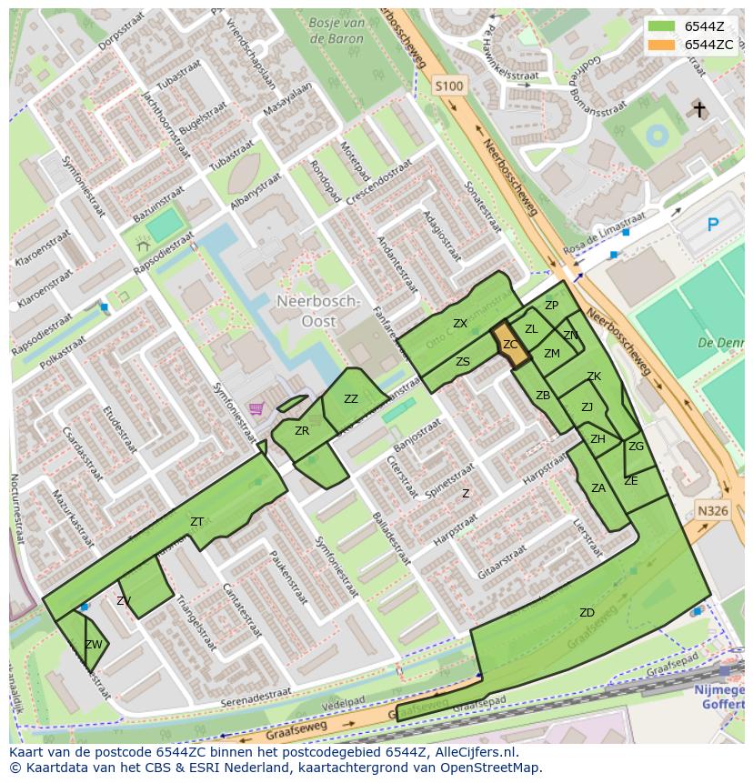 Afbeelding van het postcodegebied 6544 ZC op de kaart.