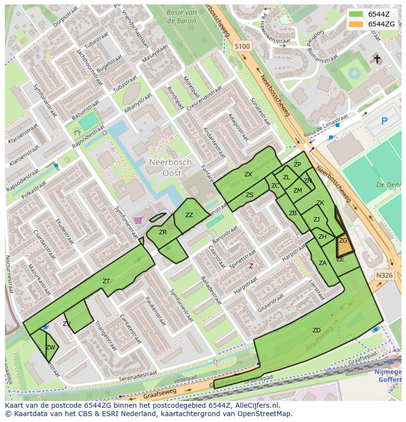 Afbeelding van het postcodegebied 6544 ZG op de kaart.