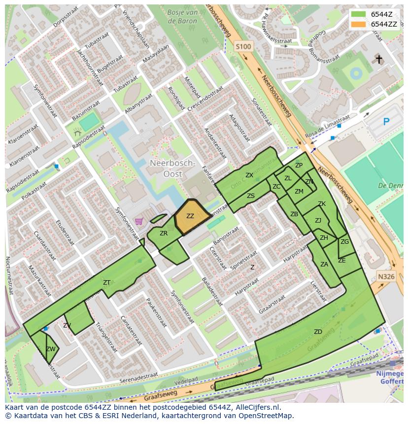 Afbeelding van het postcodegebied 6544 ZZ op de kaart.