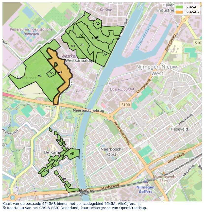 Afbeelding van het postcodegebied 6545 AB op de kaart.