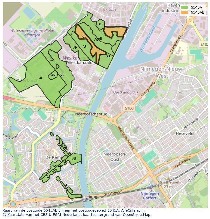 Afbeelding van het postcodegebied 6545 AE op de kaart.