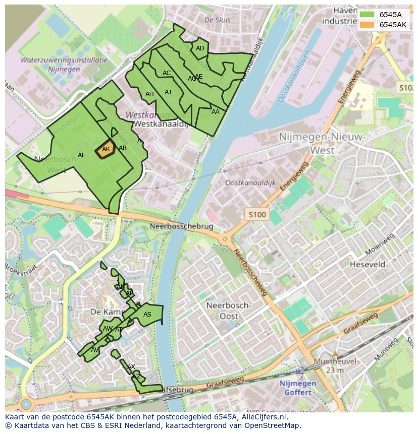 Afbeelding van het postcodegebied 6545 AK op de kaart.