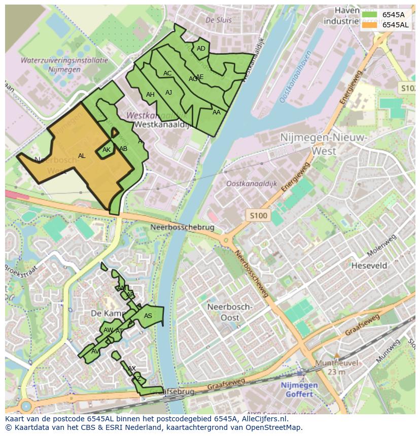 Afbeelding van het postcodegebied 6545 AL op de kaart.