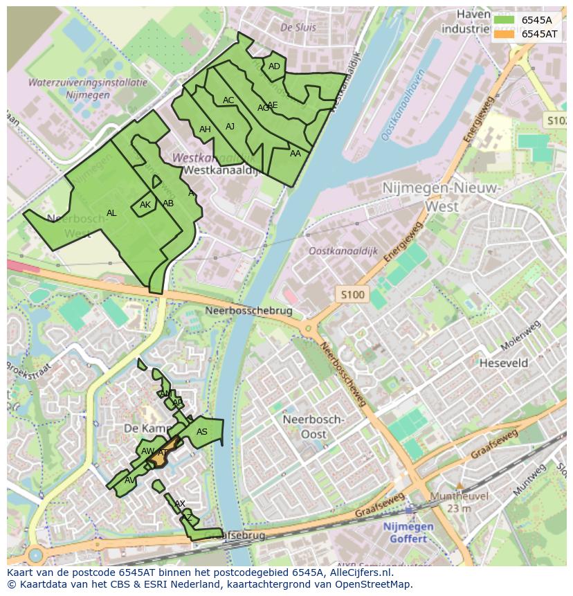 Afbeelding van het postcodegebied 6545 AT op de kaart.