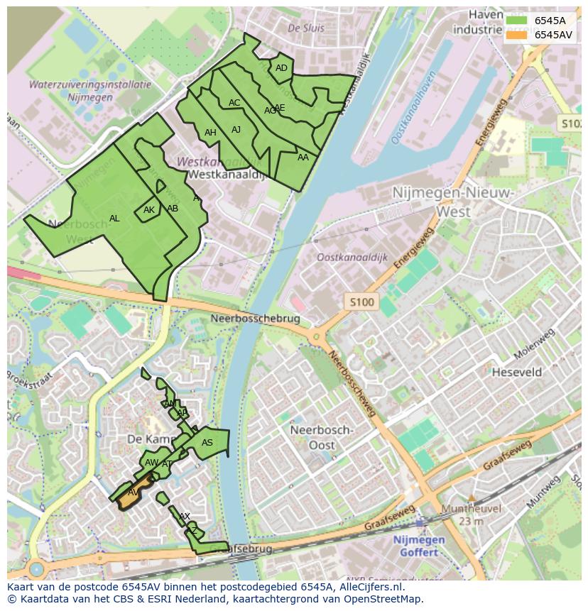 Afbeelding van het postcodegebied 6545 AV op de kaart.