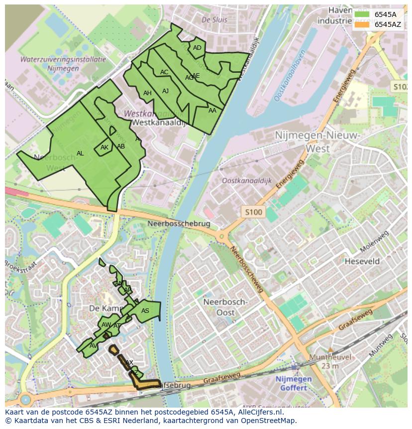 Afbeelding van het postcodegebied 6545 AZ op de kaart.