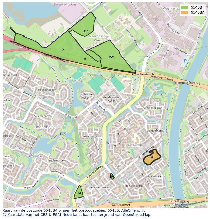 Afbeelding van het postcodegebied 6545 BA op de kaart.