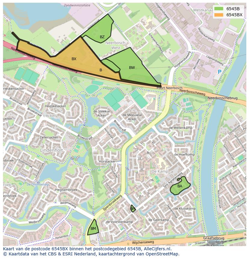 Afbeelding van het postcodegebied 6545 BX op de kaart.