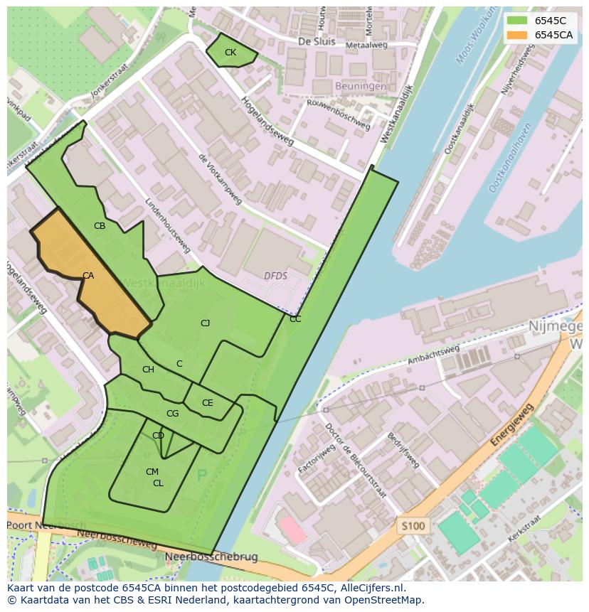 Afbeelding van het postcodegebied 6545 CA op de kaart.