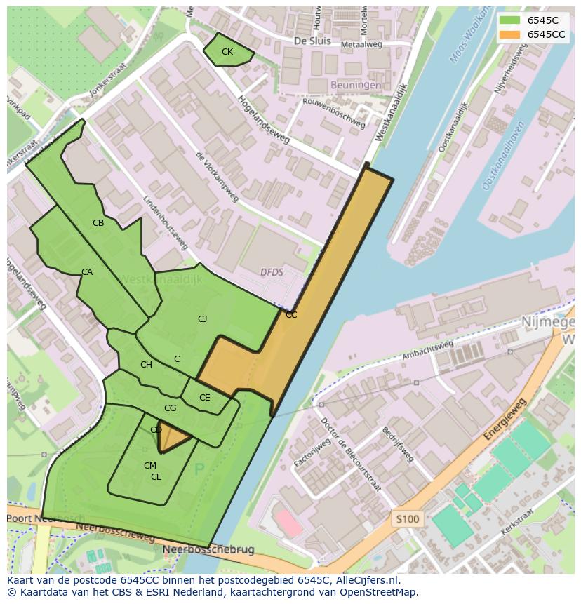 Afbeelding van het postcodegebied 6545 CC op de kaart.