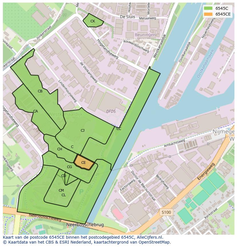 Afbeelding van het postcodegebied 6545 CE op de kaart.