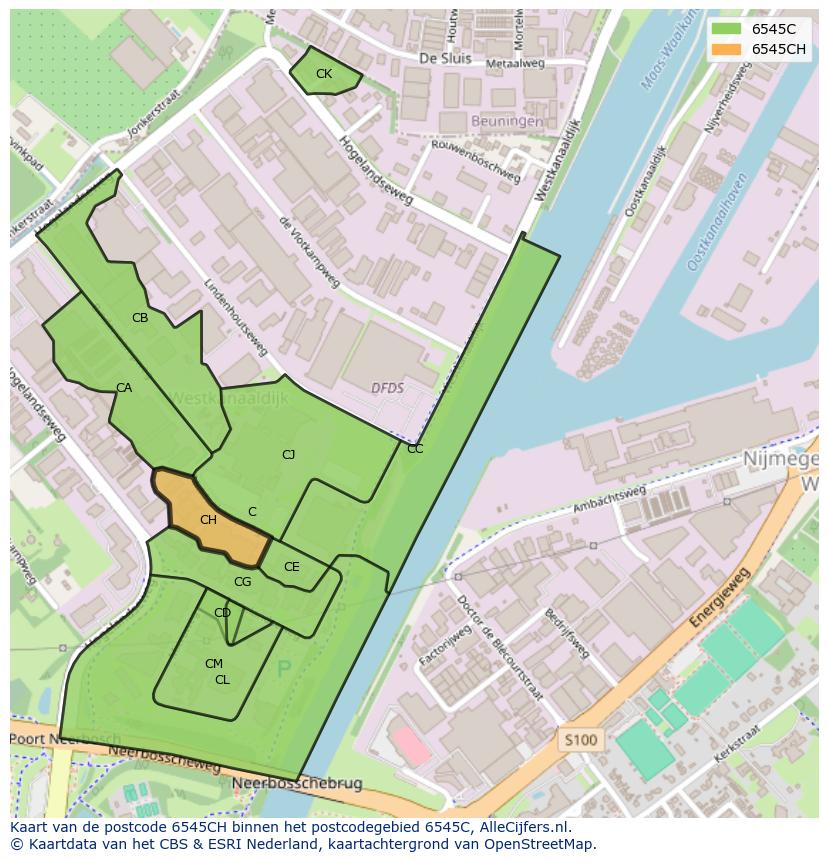 Afbeelding van het postcodegebied 6545 CH op de kaart.