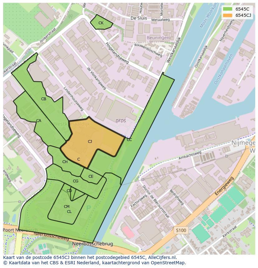 Afbeelding van het postcodegebied 6545 CJ op de kaart.