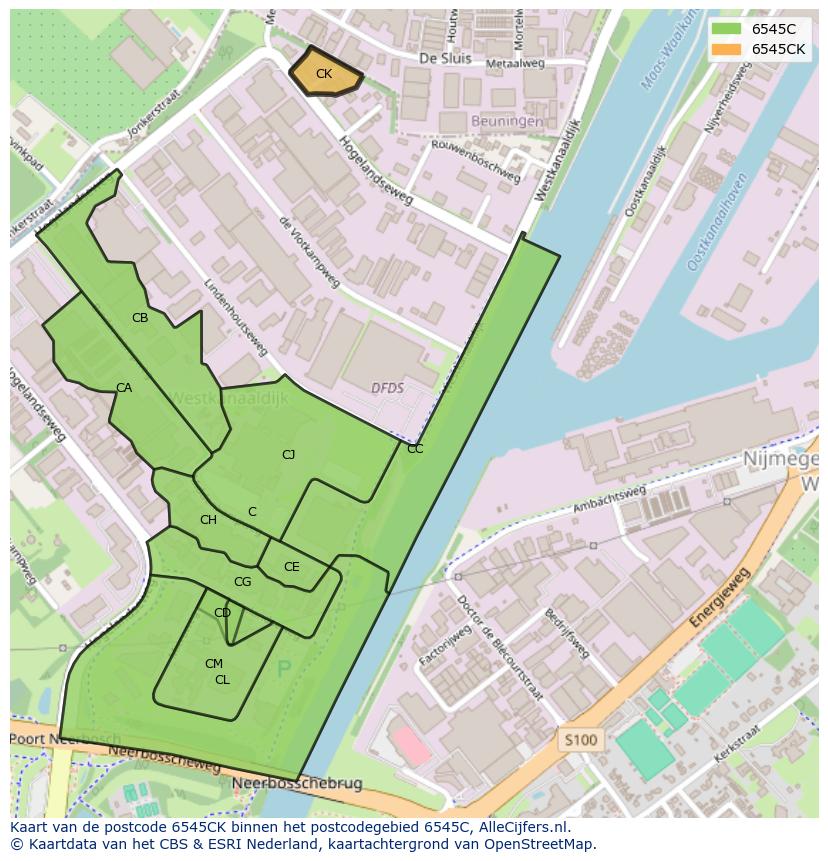 Afbeelding van het postcodegebied 6545 CK op de kaart.