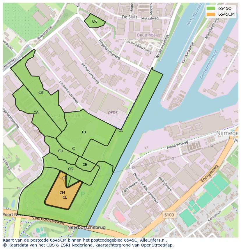Afbeelding van het postcodegebied 6545 CM op de kaart.