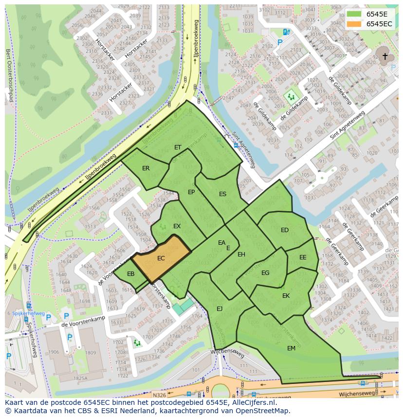 Afbeelding van het postcodegebied 6545 EC op de kaart.