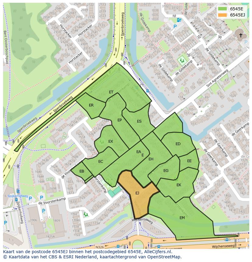 Afbeelding van het postcodegebied 6545 EJ op de kaart.