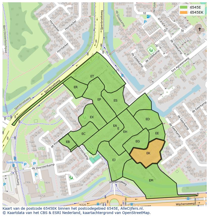 Afbeelding van het postcodegebied 6545 EK op de kaart.