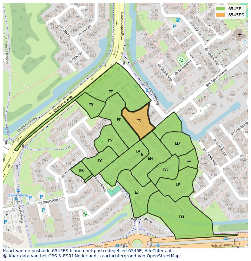 Afbeelding van het postcodegebied 6545 ES op de kaart.