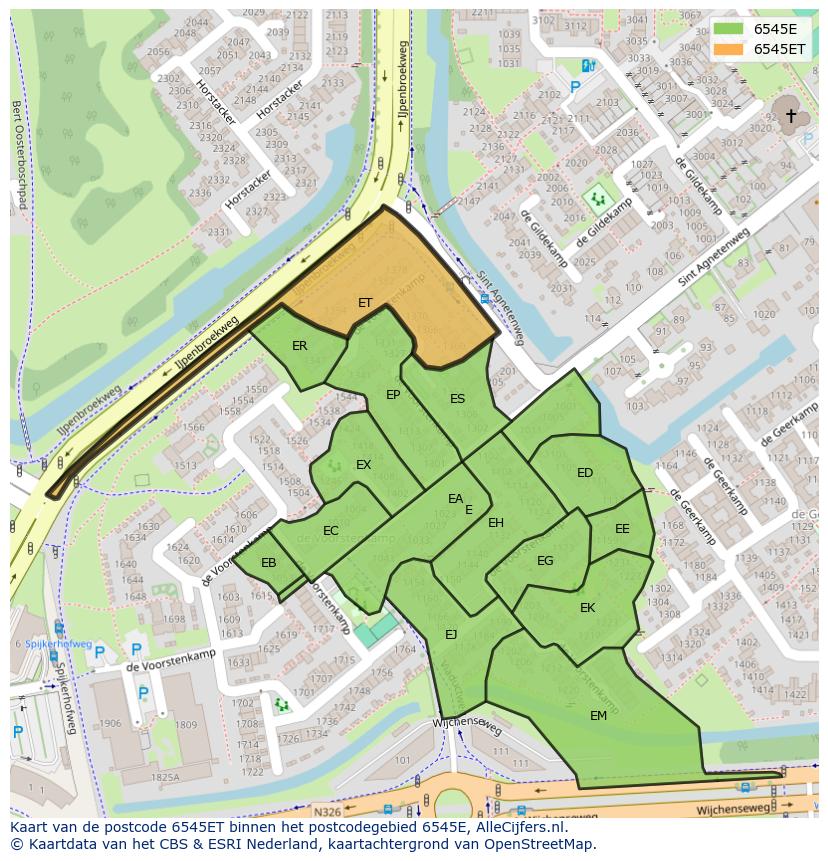 Afbeelding van het postcodegebied 6545 ET op de kaart.