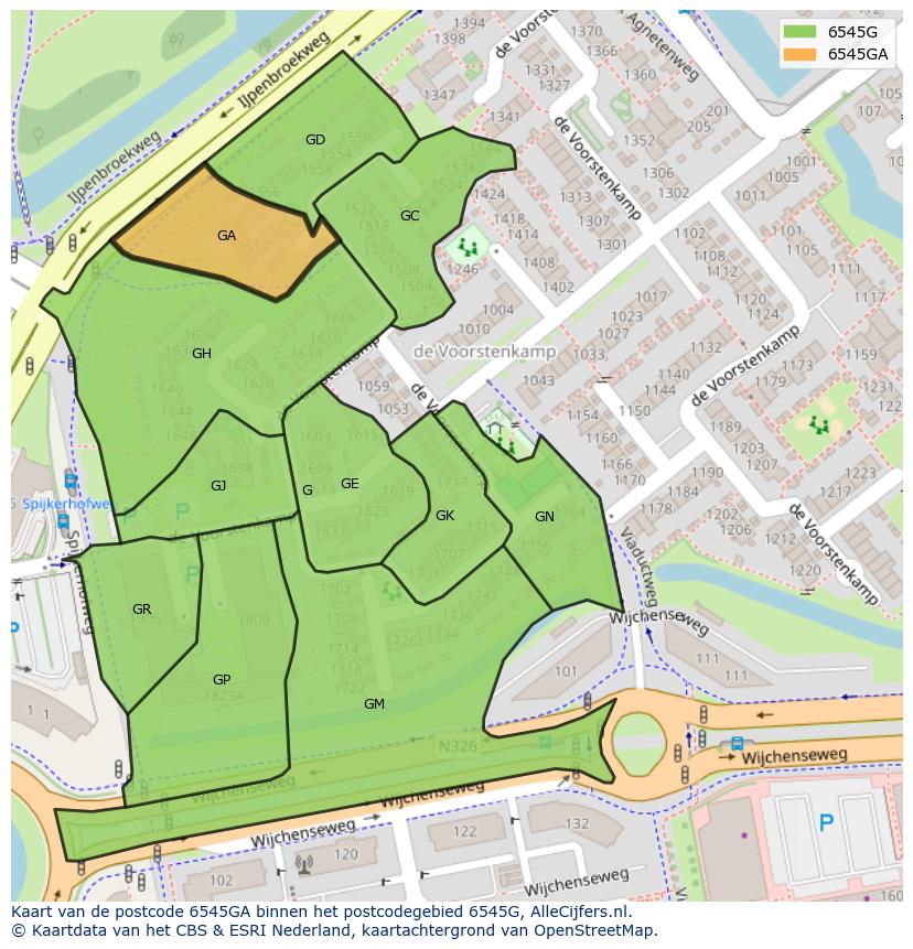 Afbeelding van het postcodegebied 6545 GA op de kaart.