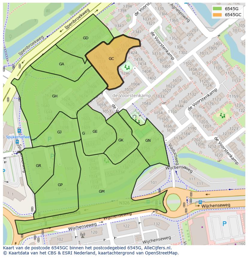 Afbeelding van het postcodegebied 6545 GC op de kaart.